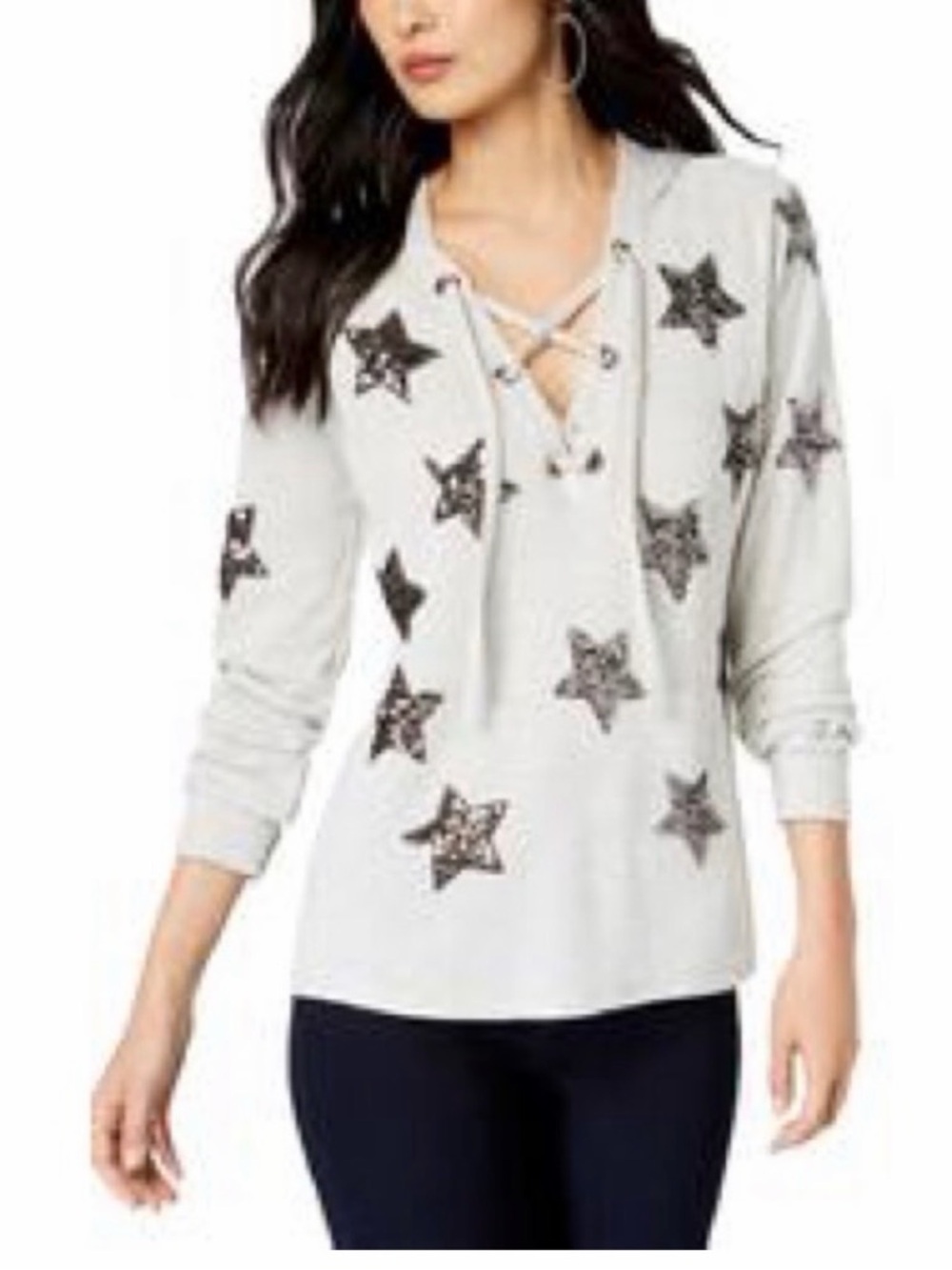 INC International Concepts Light Gray Lace-Up Star Print Hoodie Top